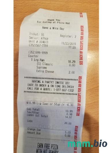 Restauracja Pizza Hut szablon pokwitowania płatności PSD